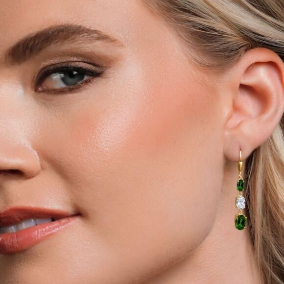 18K Yellow Gold with 5.50 Cttw 3 Stone Green Chrome Diopside and Topaz Earrings - Picture 3 of 5